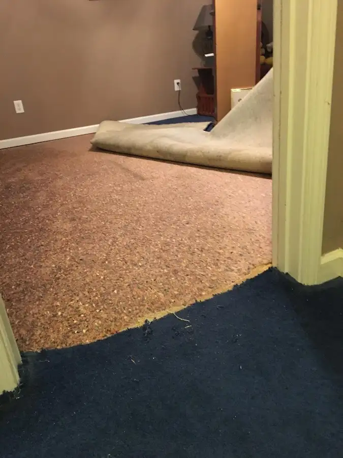 Carpet pad removal revealing water damage during Water Mitigation Services in Jefferson